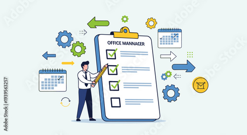 Office Manager Holding Clipboard Checklist.