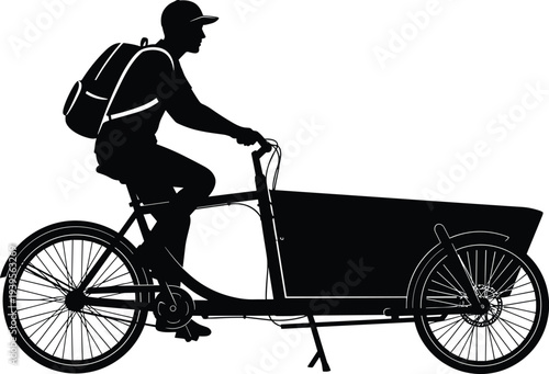 Silhouette of person riding cargo bicycle with front box, eco‑friendly transport artwork, urban delivery design, sustainable cycling illustration