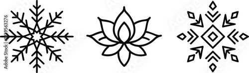Minimalist Linear Icon Set of Snowflake, Lotus Flower, and Geometric Star Vector Symbols