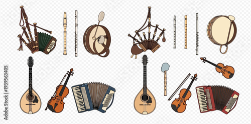 Collection of traditional Irish musical instruments for folk music and cultural celebrations.