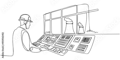 continuous one line drawing Vector illustration of worker operating industrial control panel