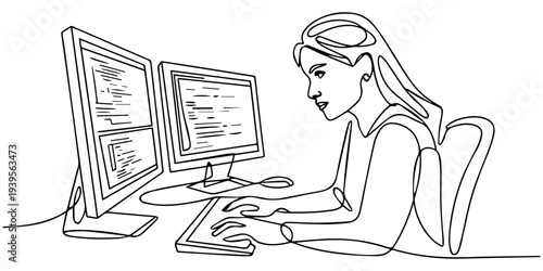 continuous one line drawing Vector illustration of woman working on two computer monitors