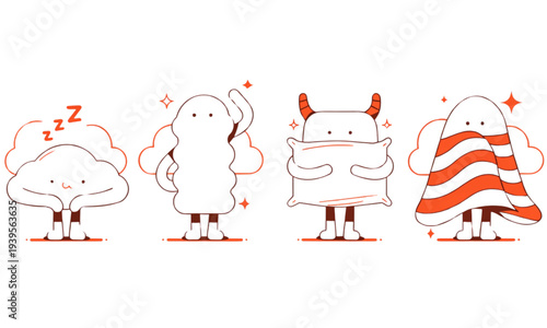 Charming vector illustration of four adorable cartoon characters enjoying a lazy Sunday, yawning and relaxing in bed, car, and couch with cozy vibes.