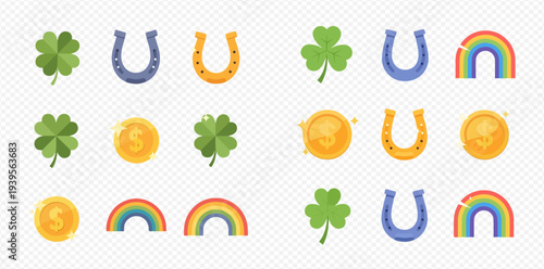 Collection of St. Patrick's Day themed icons including shamrocks, horseshoes, coins, and rainbows on a transparent background.