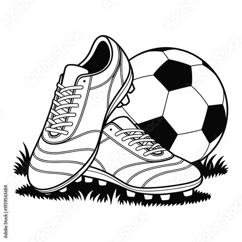 Classic black and white soccer ball and cleats artwork displayed on green grass for a sporting event