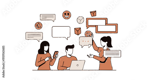 People discussing and communicating with speech bubbles and laptops in a meeting