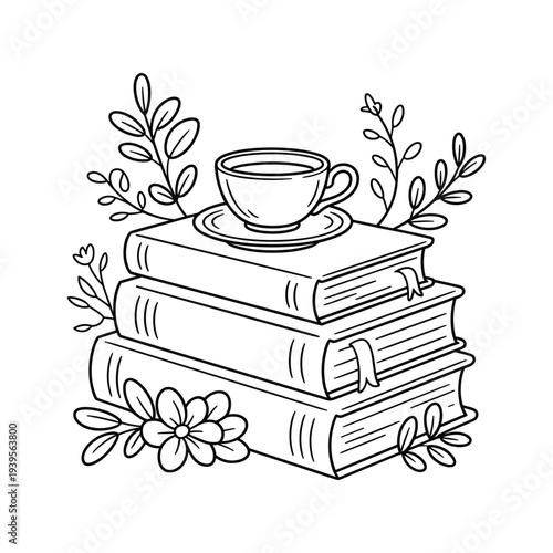 Cozy Stack of Books with a Cup of Tea and Floral Accents Isolated