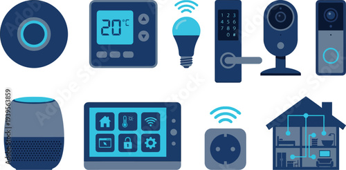 Core smart home automation elements with smart hub thermostat LED bulb door lock camera in navy blue cyan slate gray for connected technology branding design