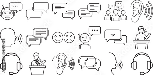 Minimal communication and speaking line icons set, conversation, speech bubble, microphone, presentation, customer support, chat, voice message, discussion outline vector icon pack