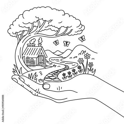 Hand holding a miniature idyllic landscape with a house and blooming flowers