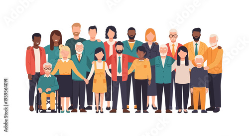 Large Diverse Multi-Generational Group Standing Together Representing Community, Inclusion & Unity - Vector Illustration