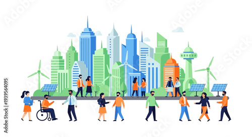 Sustainable Smart Cityscape with Diverse People, Renewable Energy, and Eco-Friendly Urban Development. Modern Flat Vector Illustration of Green Future.