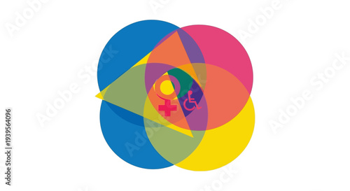 Abstract Diversity & Inclusion: Female & Disability Symbols within Overlapping Colorful Circles