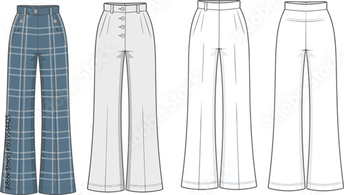 Four Different Styles of Wide- Leg Pants Displayed in Blue Plaid and Three Shades of Gray wide-leg