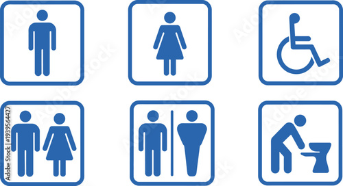 Blue restroom signs depicting male female disabled and baby changing
