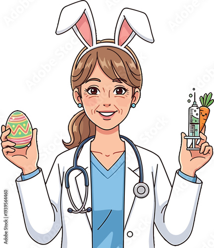 Easter Doctor Cartoon with Bunny Ears, Egg and Carrot Syringe  Whimsical Healthcare Vector Illustration