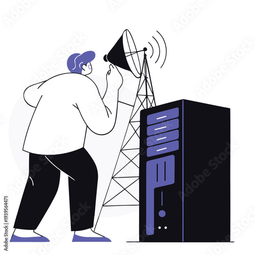 A person operates a broadcasting system with a tower and equipment