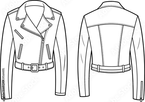 Black leather jacket with belt detailing and button closure shown from front and back view buckle