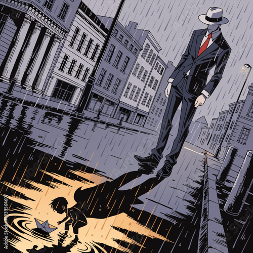 Vector illustration of man in suit and hat reflected in puddle on rainy city street