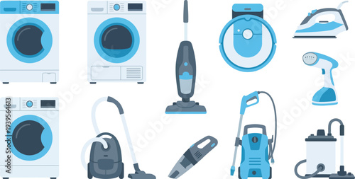 Laundry home cleaning appliances with washing machine dryer vacuum cleaner robot vacuum in sky blue white slate gray for household cleaning branding design