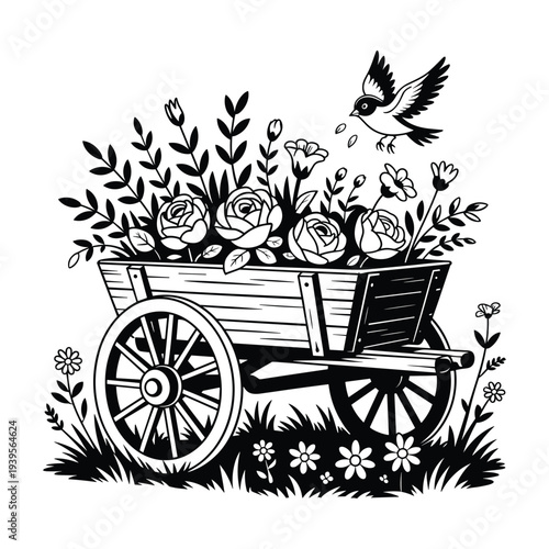 Whimsical cart overflowing with roses and blooming flowers with a bird flying above