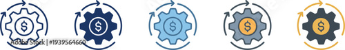 Five gear with dollar signs and circular arrows money
