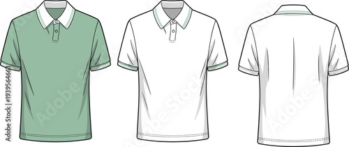 Three polo shirts with short sleeves in green and white colors shown from front and back views collar