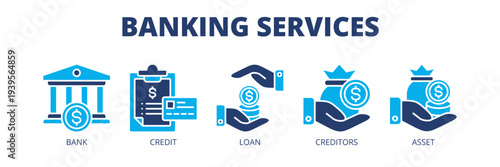 Banking Services web banner icon vector illustration concept for secure banking with icons of banking, credit, loans, creditors and assets.