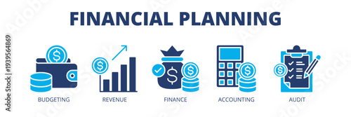 Financial Planning web banner icon vector illustration concept for financial strategy with icons of budgeting, revenue, finance, accounting and audit.