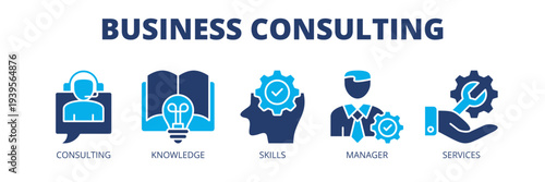 Business Consulting web banner icon vector illustration concept for corporate strategy with icons of consulting, knowledge, skills, management and services.