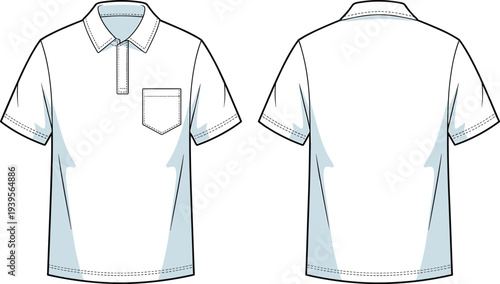 White polo shirt with blue accents and a pocket on the front left side short sleeves