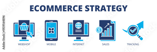 Ecommerce Strategy web banner icon vector illustration concept for digital commerce with icons of online shop, mobile commerce, internet business, sales and tracking.