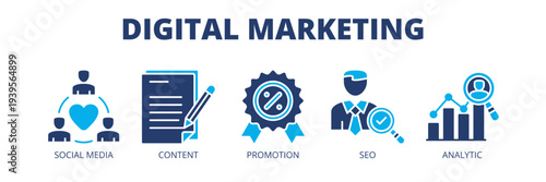 Digital Marketing web banner icon vector illustration concept for online marketing with icons of social media, content creation, promotion, SEO and analytics.