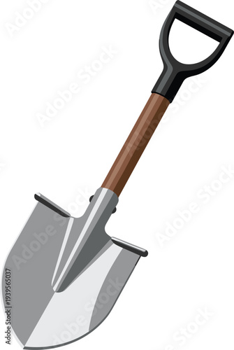 Modern shovel with wooden handle and metal blade for gardening or construction