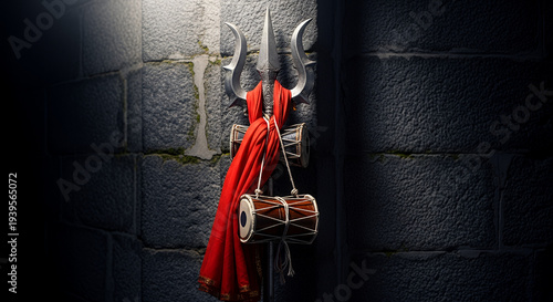 Kalashtami A traditional iron trishula (trident) adorned with a sacred red cloth and a small wooden damru drum