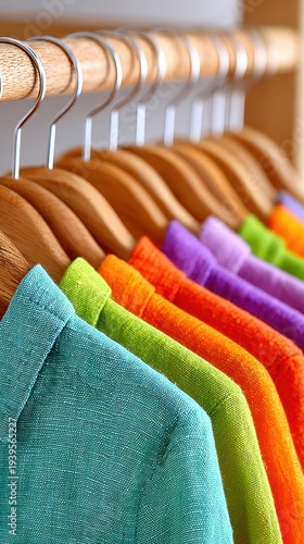 A vibrant collection of teal, lime green, orange, and purple linen shirts hangs neatly on wooden hangers. Organized on a wooden rod, the bright textiles fill a tidy wardrobe or store display