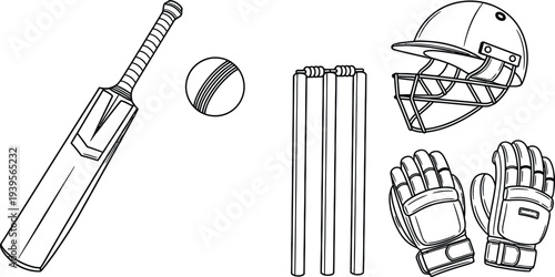 Essential cricket equipment laid out for a game, including bat, ball, stumps, helmet, and gloves.