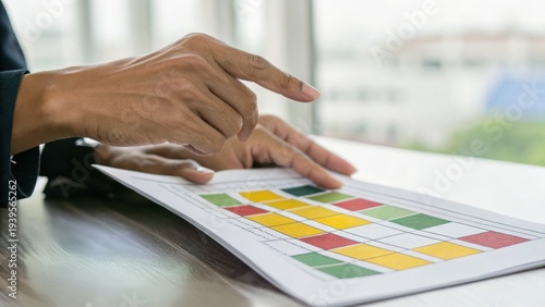 Hands pointing at a colorful bar chart on paper, with focus on data analysis and teamwork in a bright office setting.