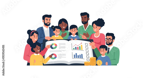 Diverse Families Learning Financial Literacy & Business Strategy, Analyzing Data with Charts & Graphs