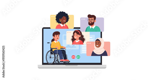 Inclusive Video Conference: Diverse Individuals Connect Virtually on Laptop