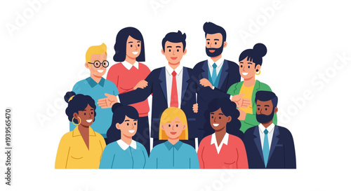 Diverse Professional Business Team Standing Together Smiling. Collaborative Group Representing Unity, Success, and Community in Modern Flat Illustration.
