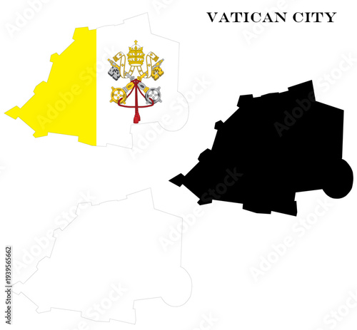 Vatican City State Map Bundle with National Flag, Black Silhouette and Detailed Outline Contours