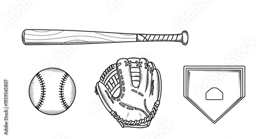 Baseball Equipment: Bat, Ball, Glove, and Home Plate - Hand Drawn Sketch