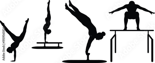 Gymnast silhouette vector set showing athletic balance and handstand routines on parallel bars isolated on white background for sports design