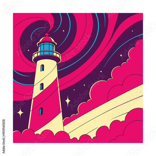 Vibrant Colorful Lighthouse with Magenta Pink Purple Swirling Sky Stars Flat Illustration