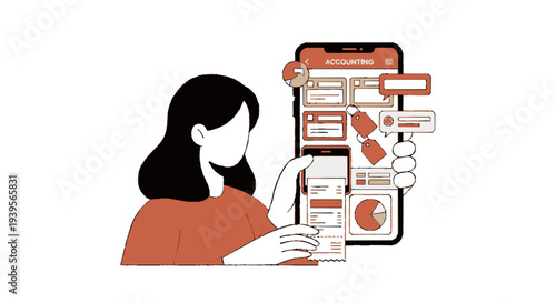 Woman interacts with smartphone displaying various app screens and icons on screen