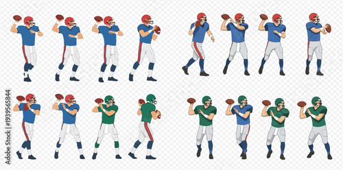 American Football Players in Various Poses Throwing the Ball, Set of Illustrations.