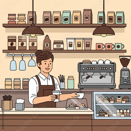 Barista serving coffee at counter in cozy cafe with espresso machine and pastries