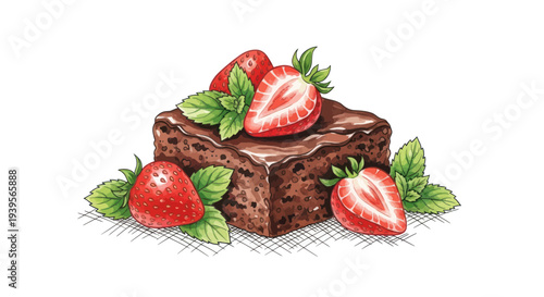 Chocolate Brownie with Fresh Strawberries and Mint Leaves, Hand-Drawn Illustration