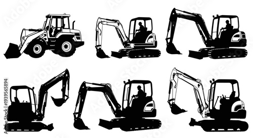 Construction Excavator Set: Mini, Backhoe, Crawler Diggers Silhouette